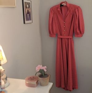 Vintage 80s Pink Puff Sleeve Midi Dress